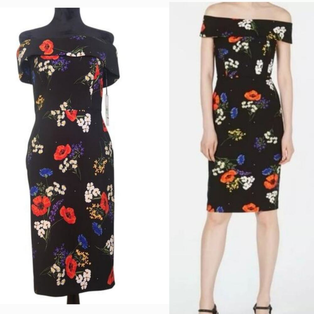 Calvin Klein Black Off-Shoulder Floral Sheath Dress